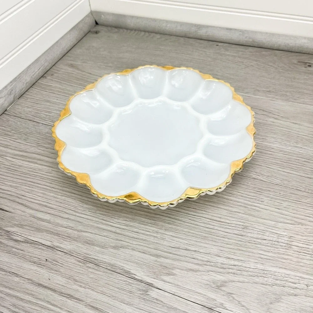 Anchor Hocking Milk Glass Gold Rim Deviled Egg Tray/Platter
